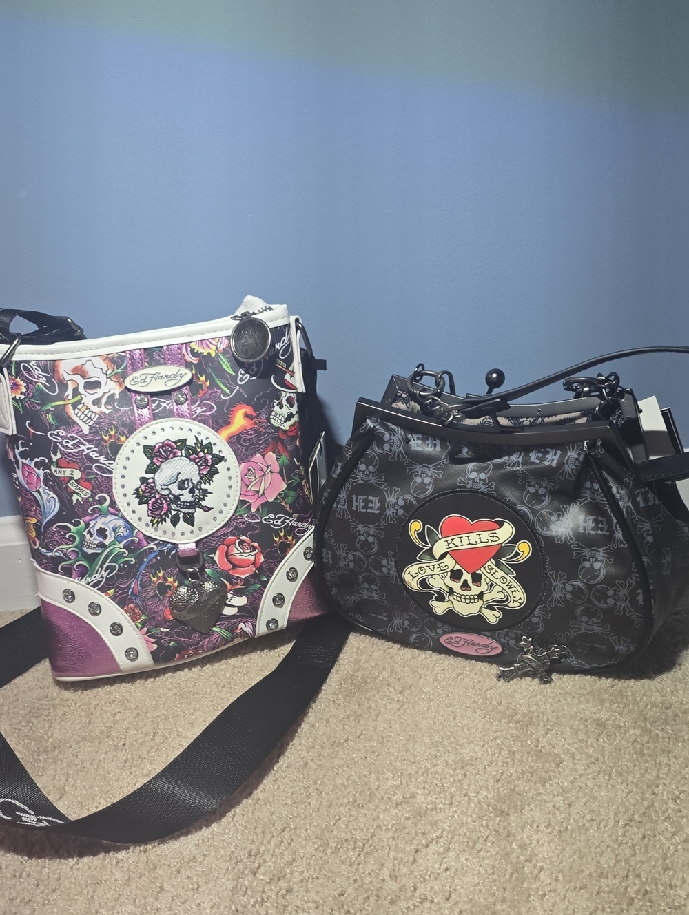 Ed Hardy Purple & Black Skull Floral Crossbody Bag And Clutch Bag